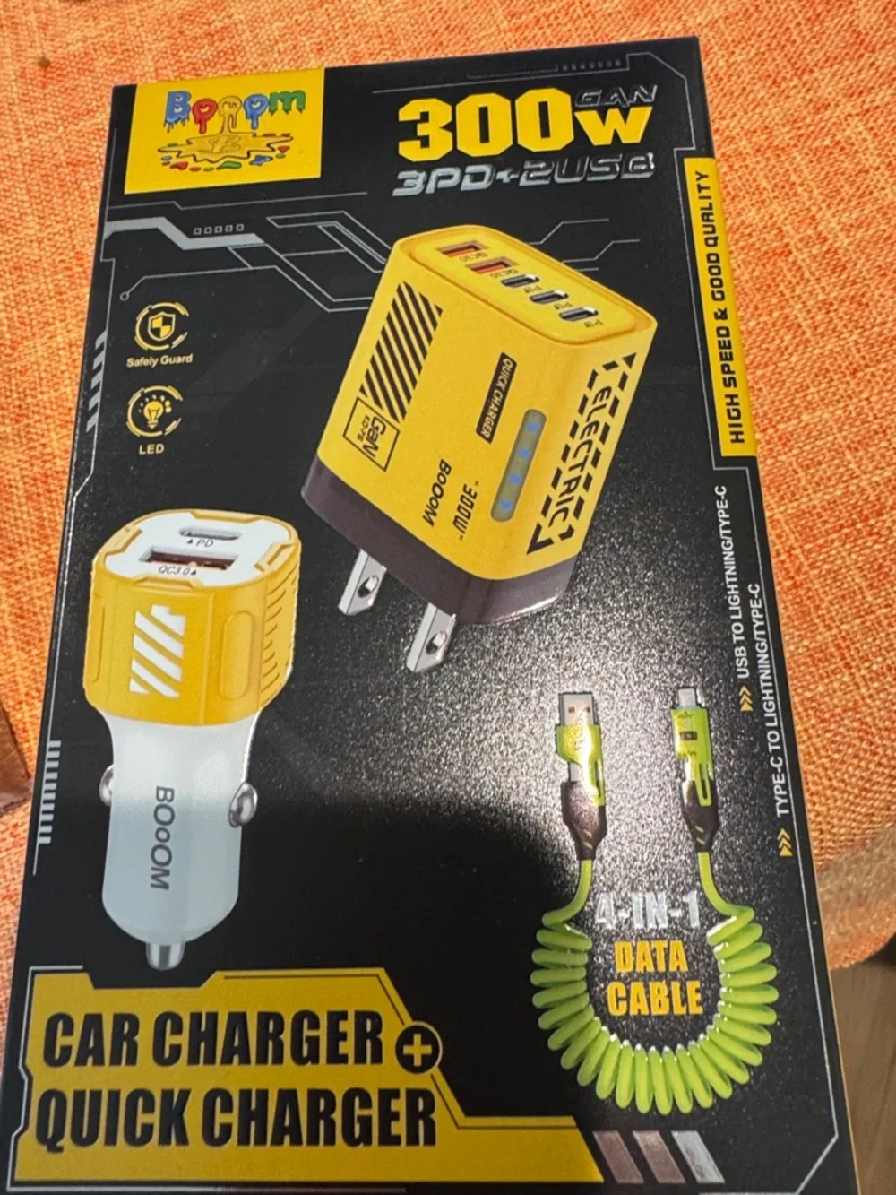 300W Yellow Car & Quick USB Charger with Coil Cable